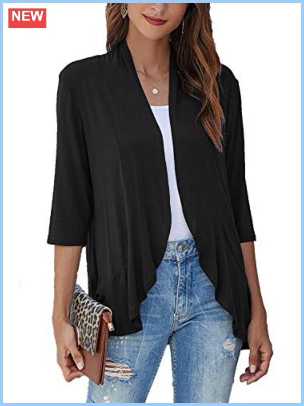 Women Open Front 3/4 Sleeve Cardigan Lightweight Viscose Blend Short Sweater